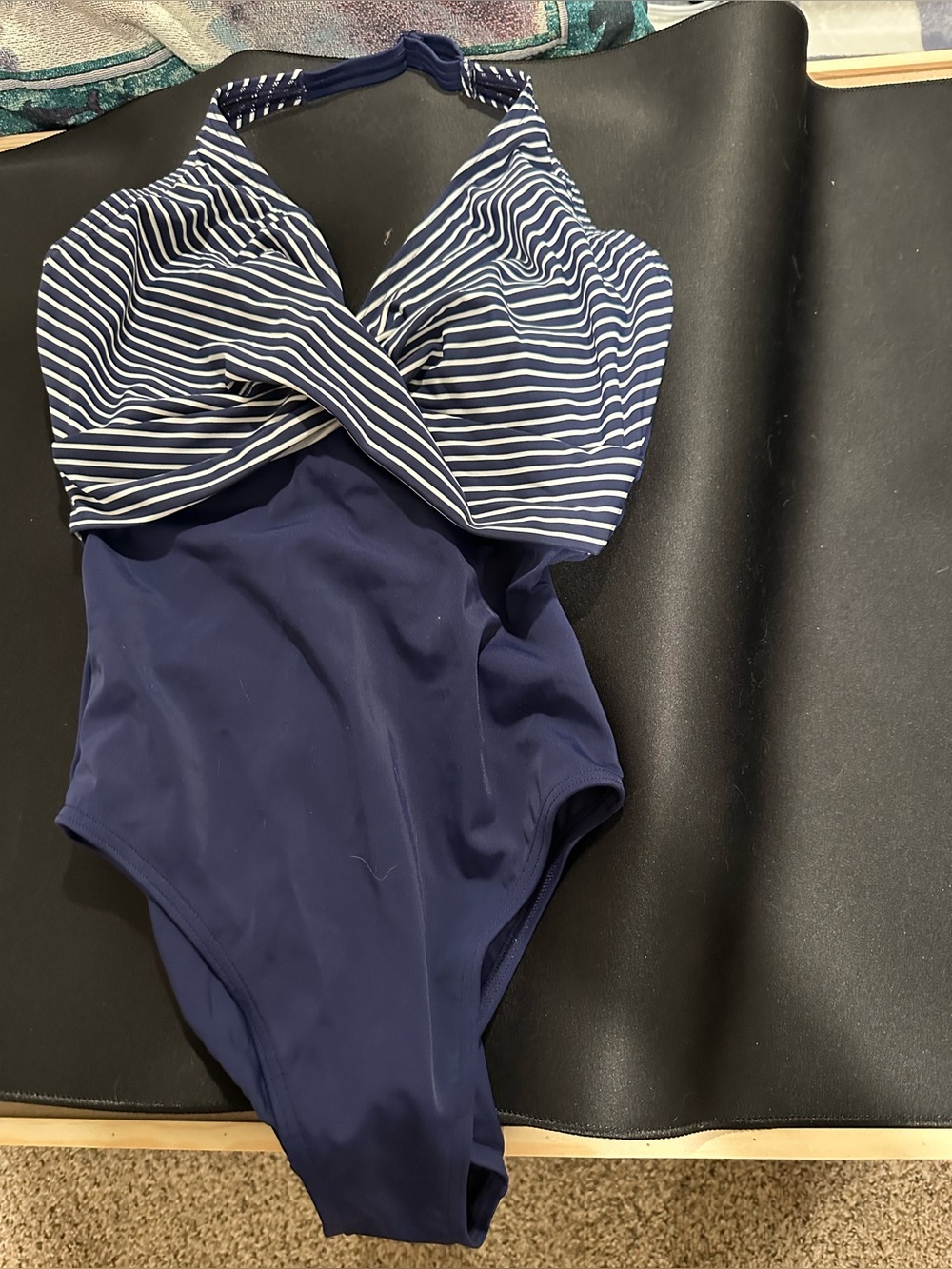 Blue-White Stripe Figleaves Underwired Halter Twist Shaping Swimsuit 30GUK 30JUS